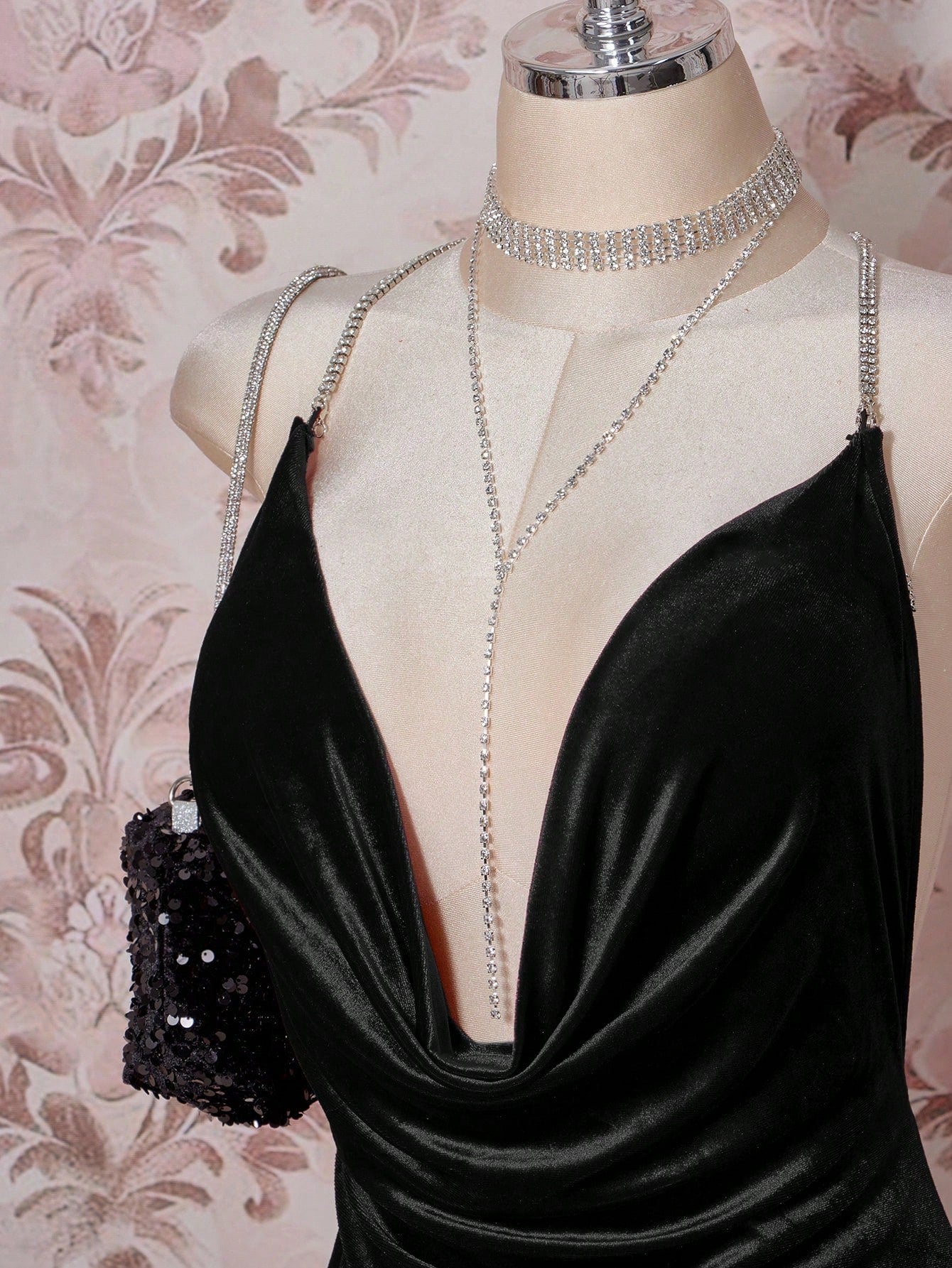 Plus Size Black Velvet Rhinestone Mini Dress – Backless Plunge Neck Party Dress