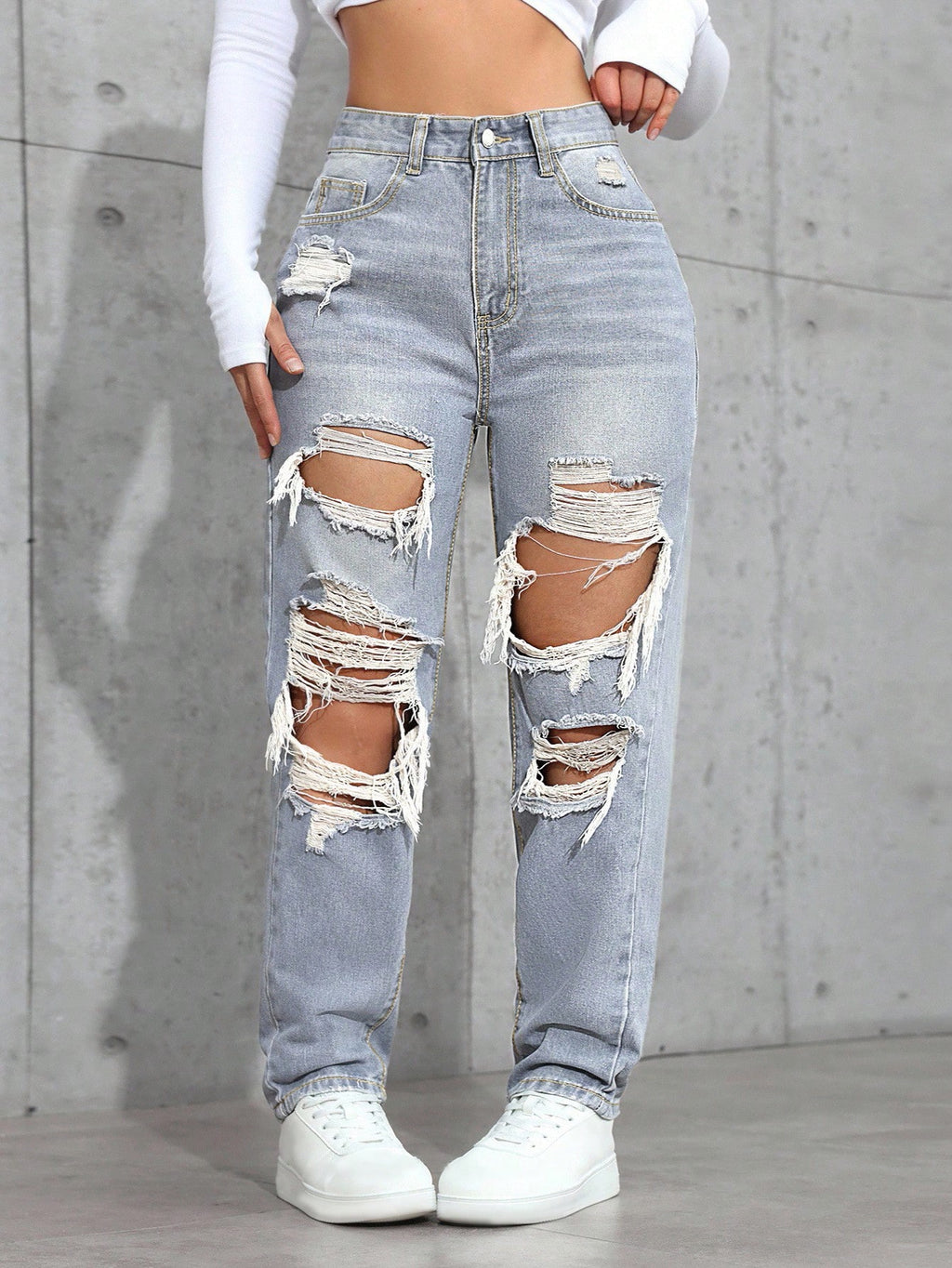 Plus Size High Waist Distressed Denim Jeans – Casual Loose Button Y2K Jeans for Women