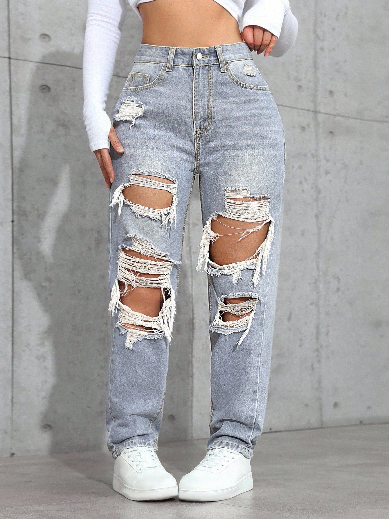 Plus Size High Waist Distressed Denim Jeans – Casual Loose Button Y2K Jeans for Women