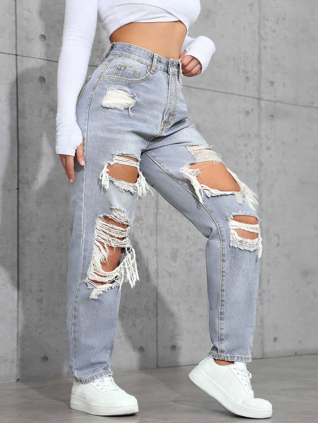 Plus Size High Waist Distressed Denim Jeans – Casual Loose Button Y2K Jeans for Women
