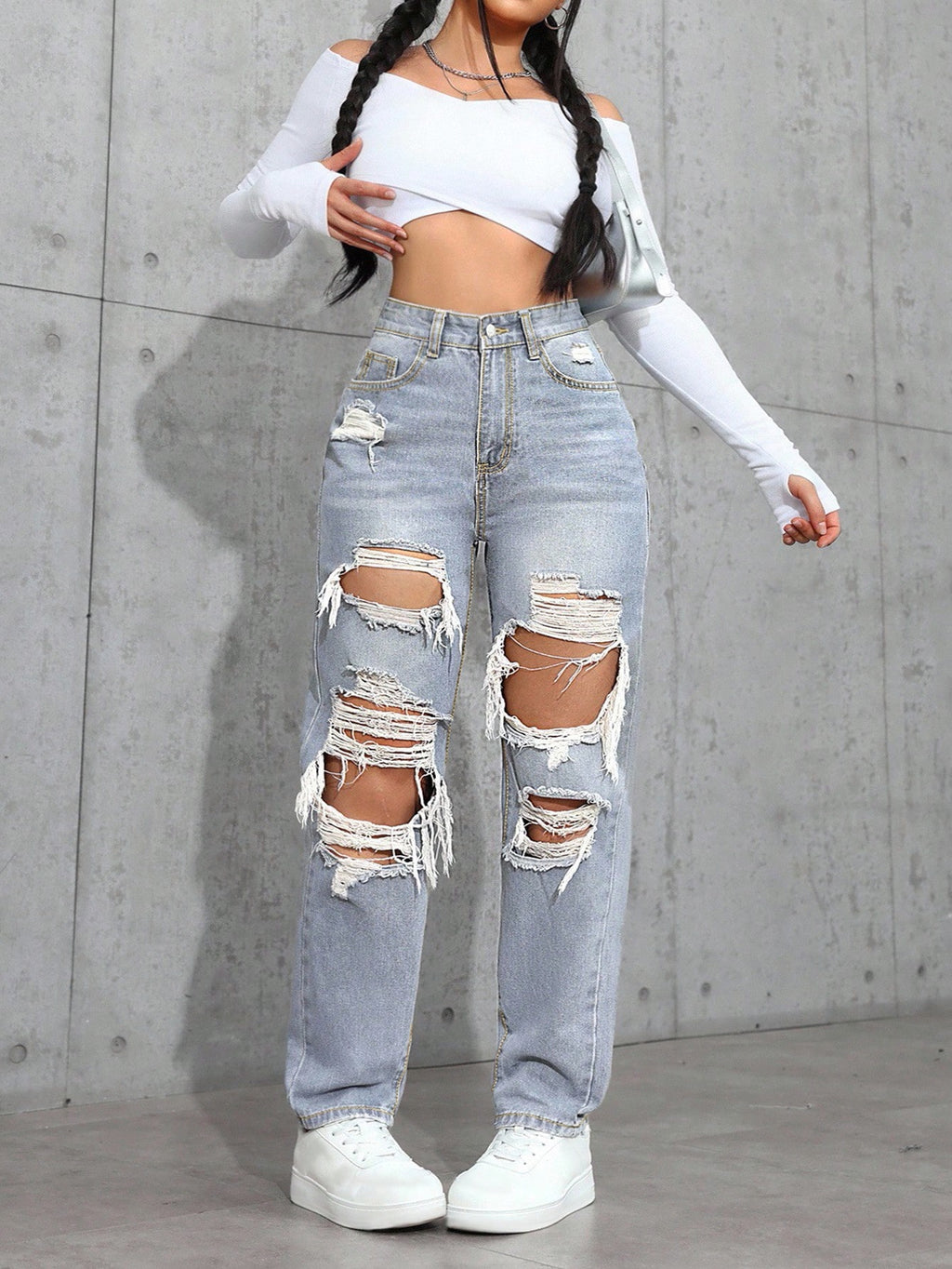 Plus Size High Waist Distressed Denim Jeans – Casual Loose Button Y2K Jeans for Women