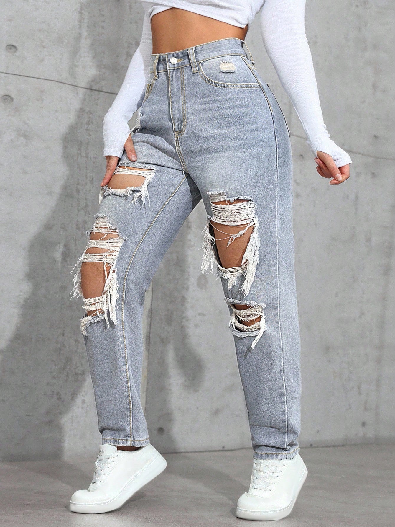 Plus Size High Waist Distressed Denim Jeans – Casual Loose Button Y2K Jeans for Women