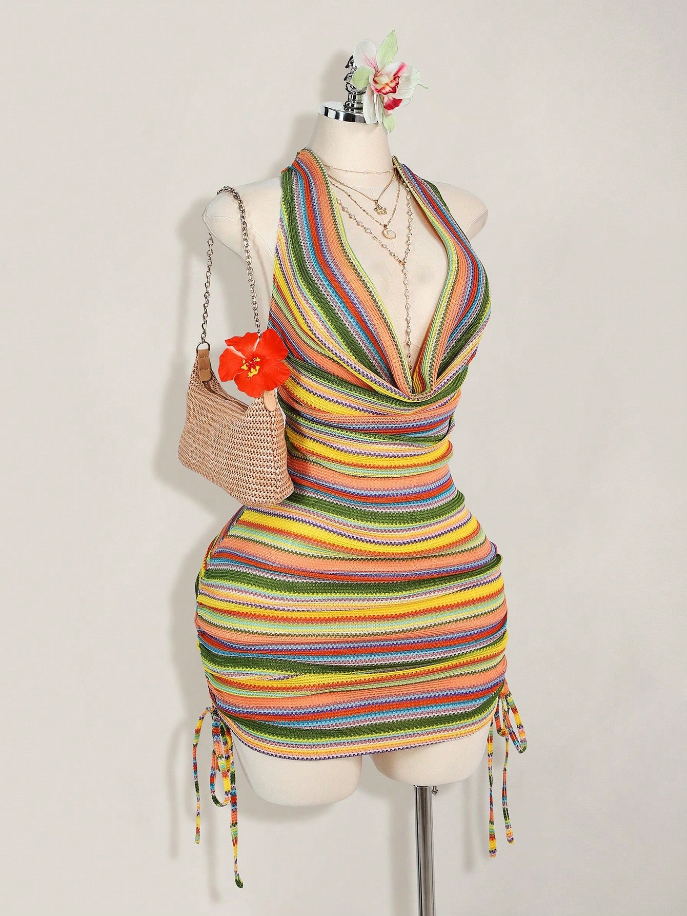 Plus Size Draped Neck Striped Dress – Elegant Loose Fit Party & Date Night Dress for Women