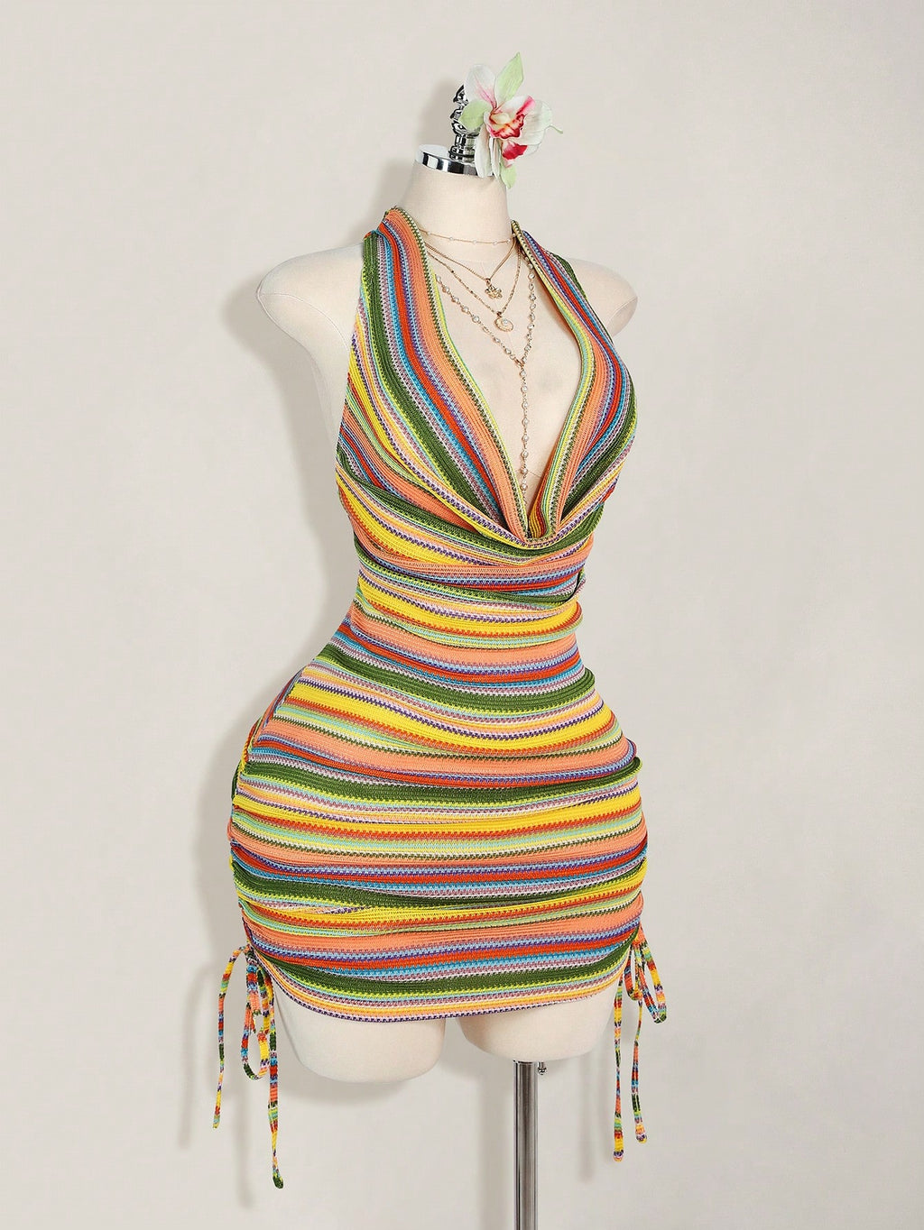 Plus Size Draped Neck Striped Dress – Elegant Loose Fit Party & Date Night Dress for Women
