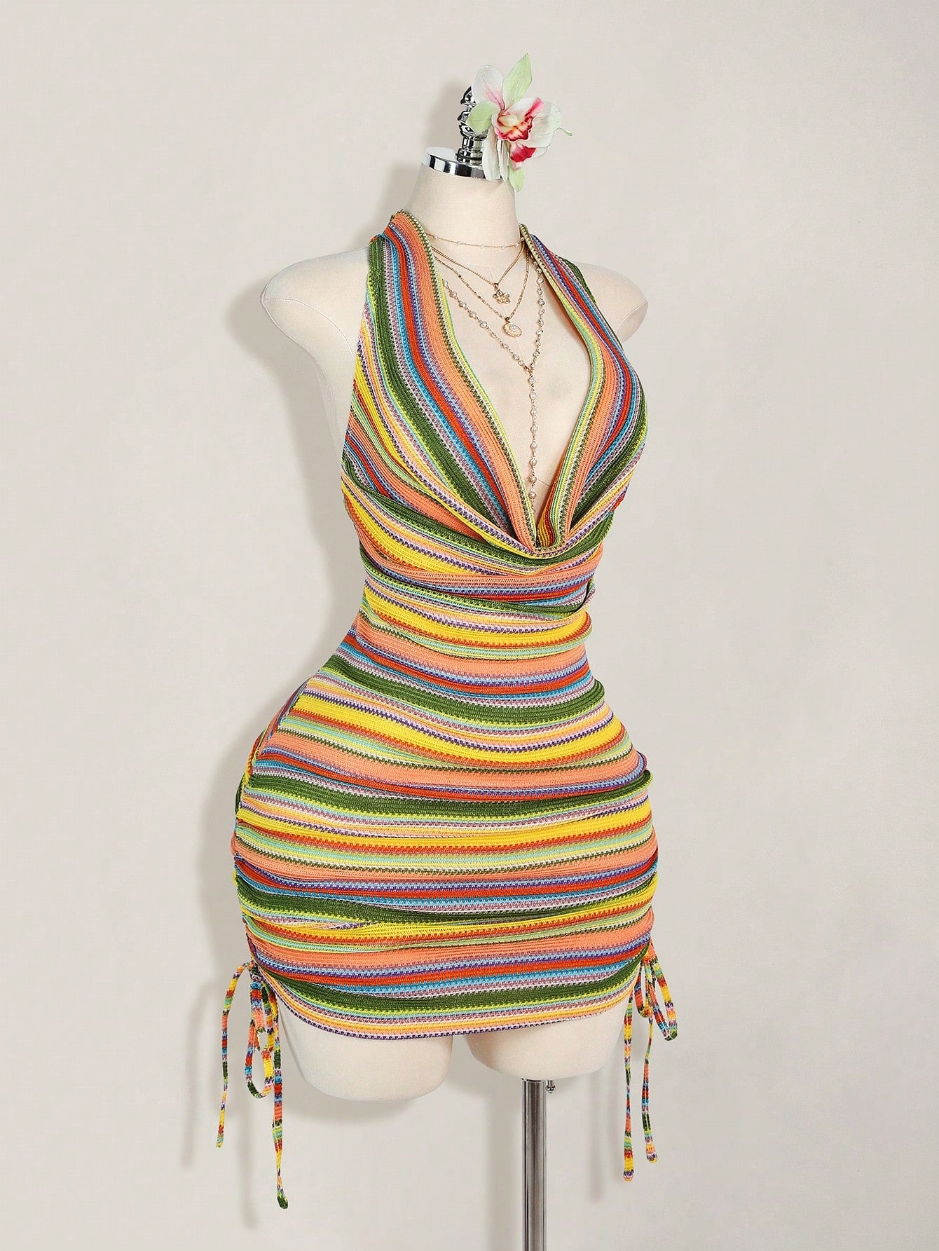 Plus Size Draped Neck Striped Dress – Elegant Loose Fit Party & Date Night Dress for Women