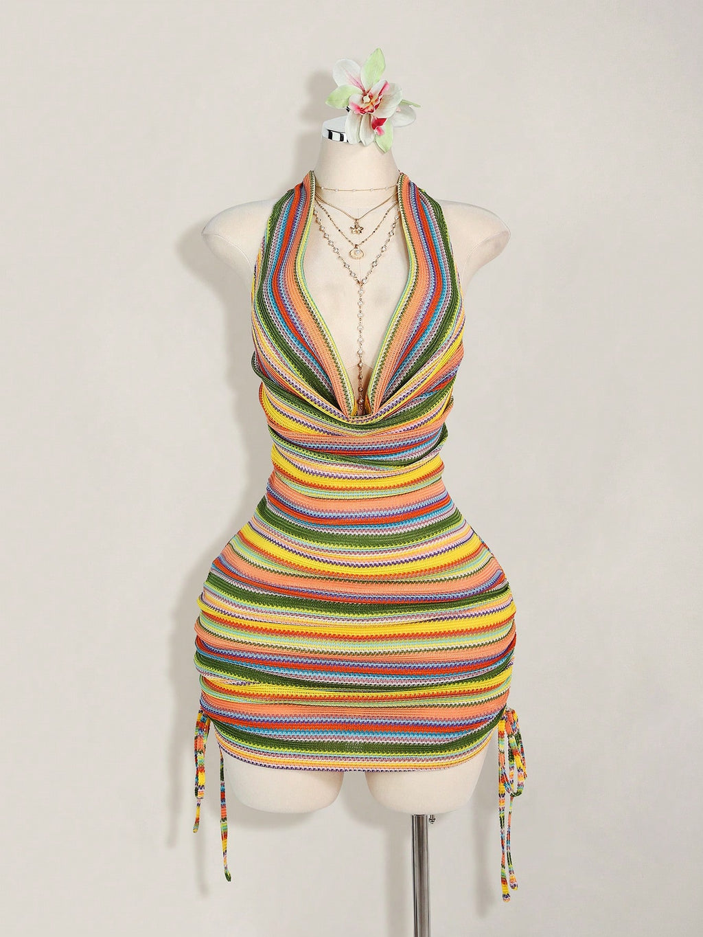 Plus Size Draped Neck Striped Dress – Elegant Loose Fit Party & Date Night Dress for Women