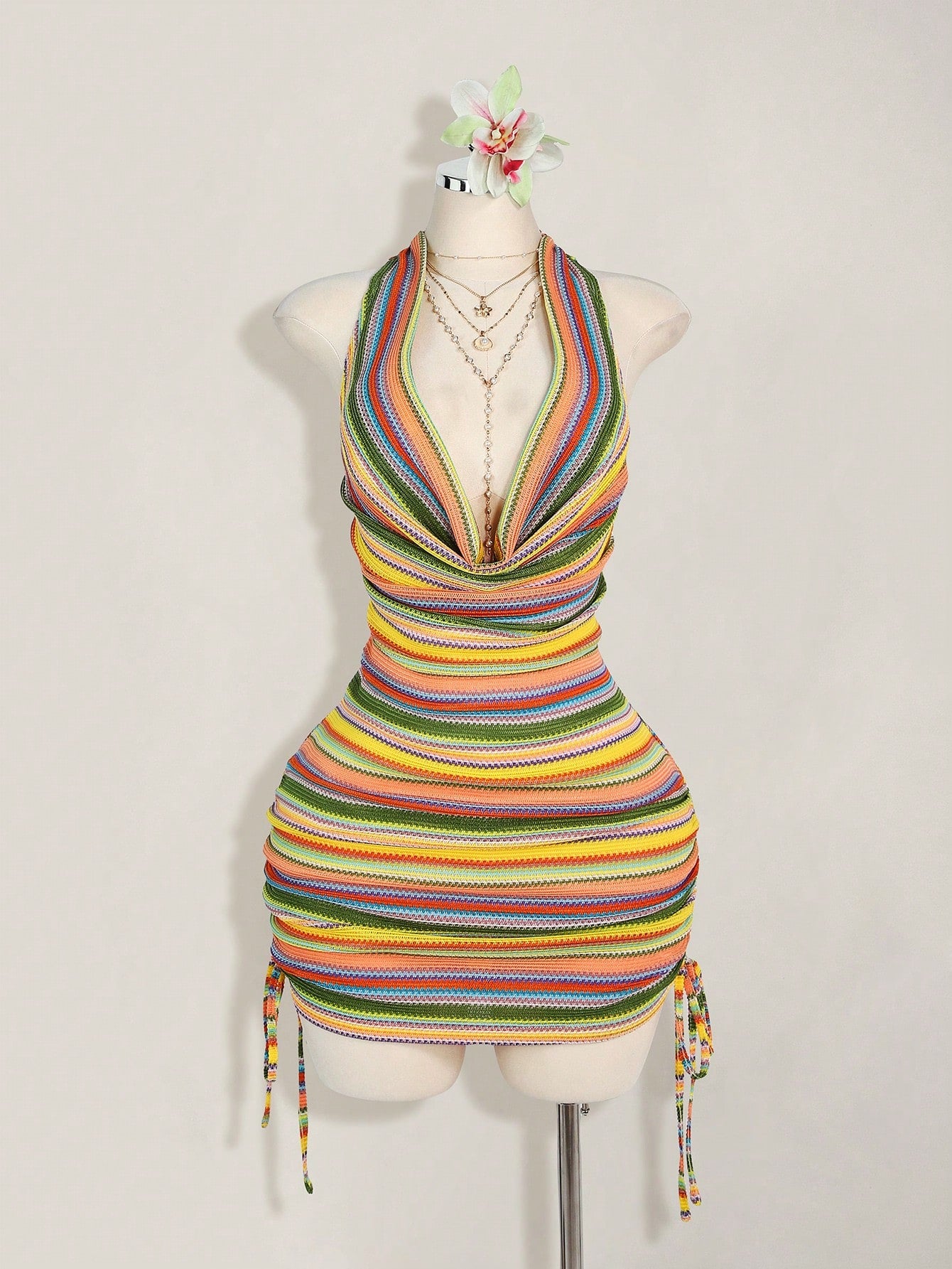 Plus Size Draped Neck Striped Dress – Elegant Loose Fit Party & Date Night Dress for Women