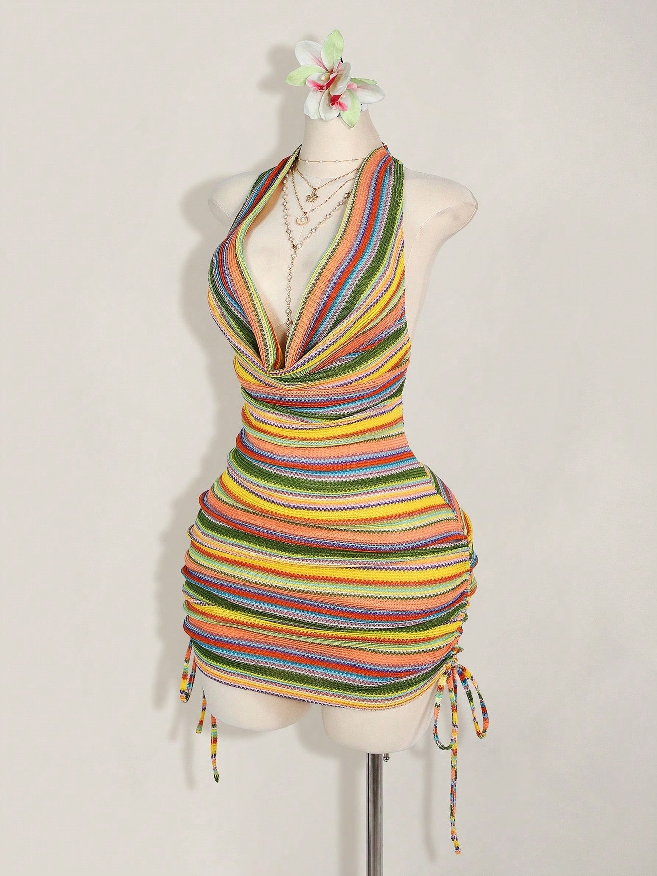 Plus Size Draped Neck Striped Dress – Elegant Loose Fit Party & Date Night Dress for Women