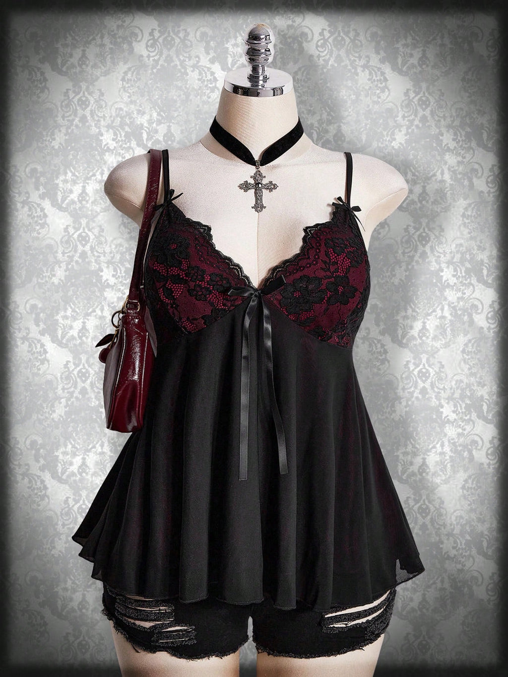 Plus Size Gothic Lace Patchwork Camisole – Black Bow Babydoll Goth Summer Top for Women