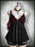 Plus Size Gothic Lace Patchwork Camisole – Black Bow Babydoll Goth Summer Top for Women