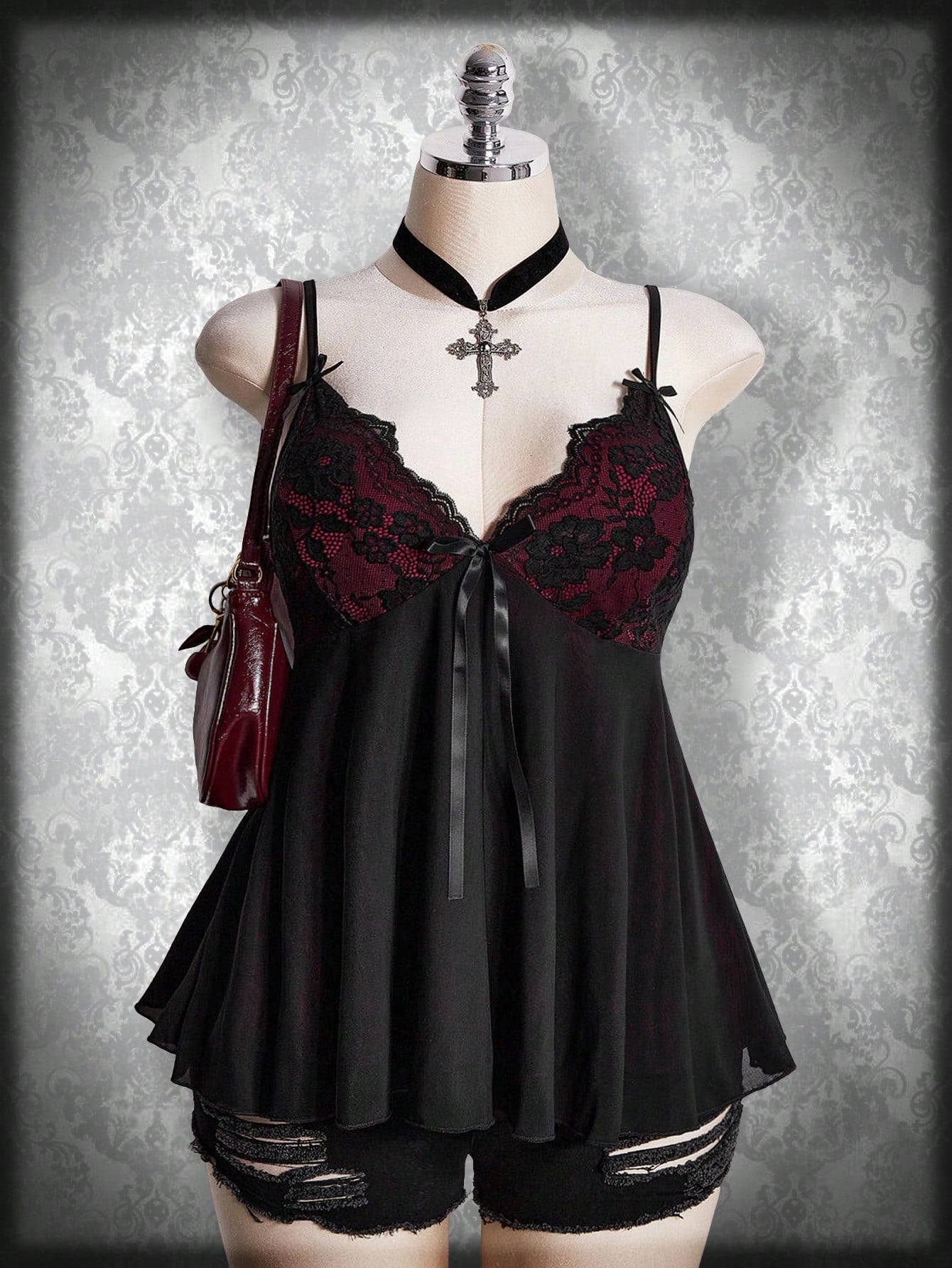 Plus Size Gothic Lace Patchwork Camisole – Black Bow Babydoll Goth Summer Top for Women
