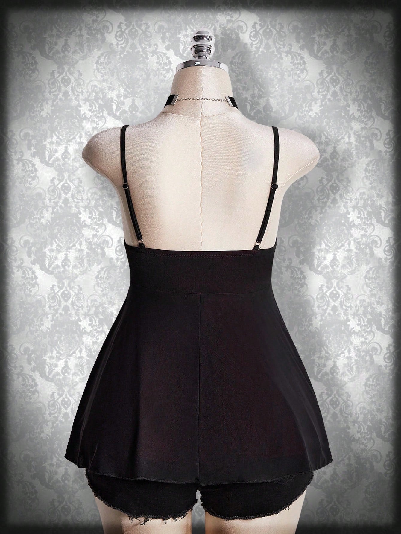 Plus Size Gothic Lace Patchwork Camisole – Black Bow Babydoll Goth Summer Top for Women