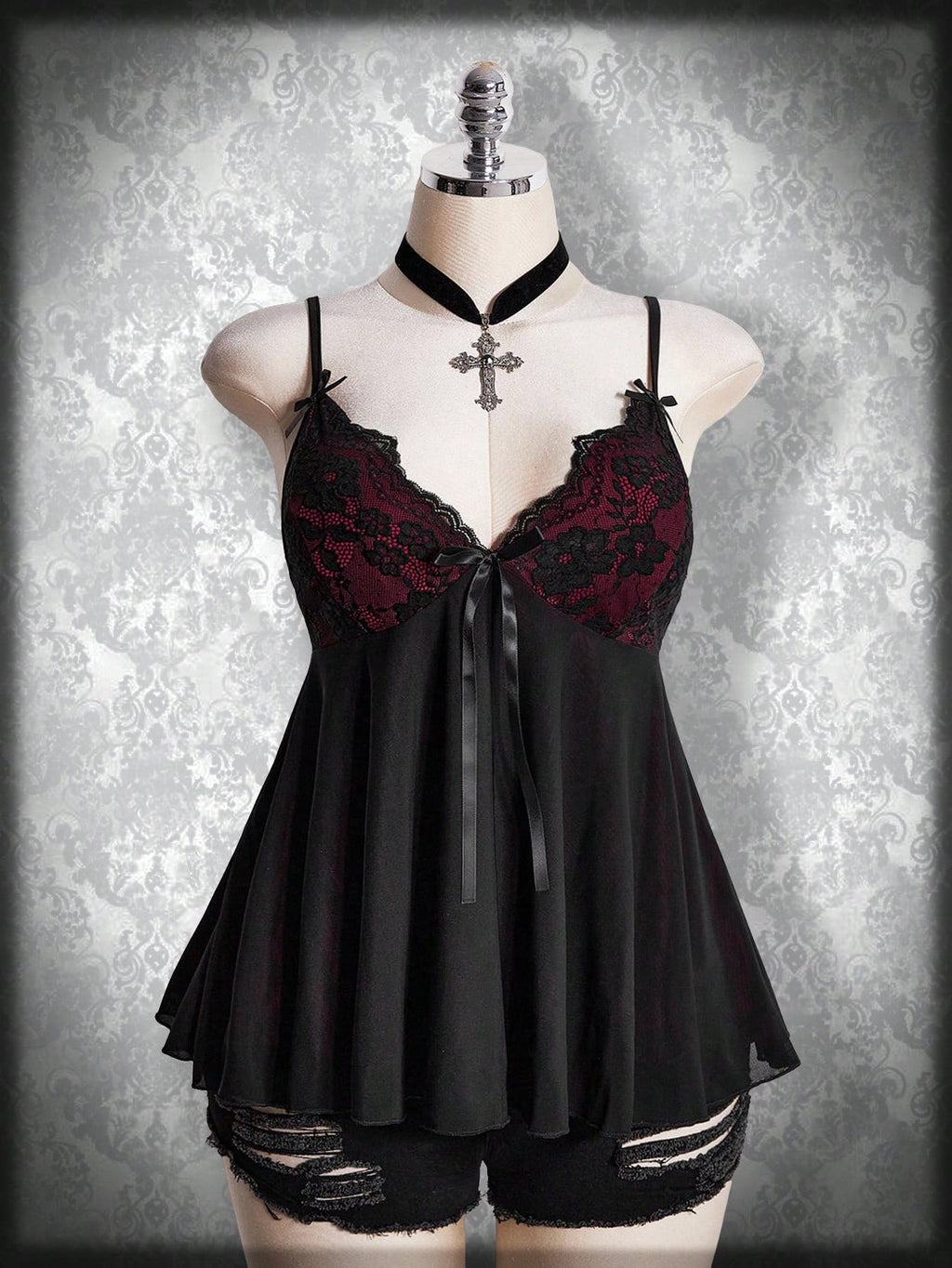 Plus Size Gothic Lace Patchwork Camisole – Black Bow Babydoll Goth Summer Top for Women