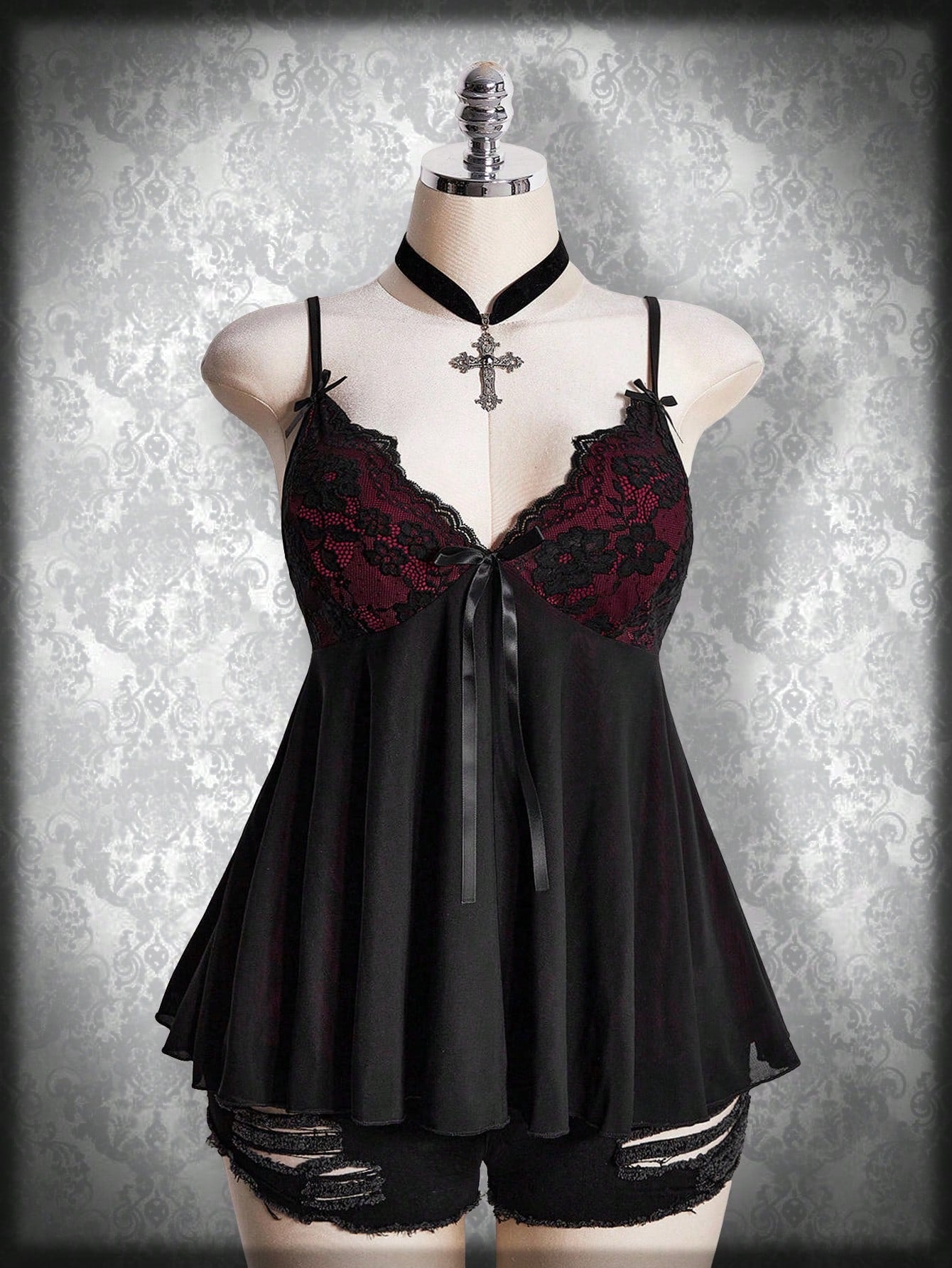 Plus Size Gothic Lace Patchwork Camisole – Black Bow Babydoll Goth Summer Top for Women