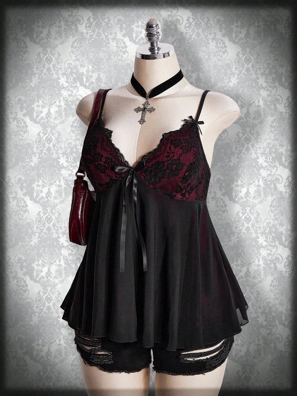 Plus Size Gothic Lace Patchwork Camisole – Black Bow Babydoll Goth Summer Top for Women