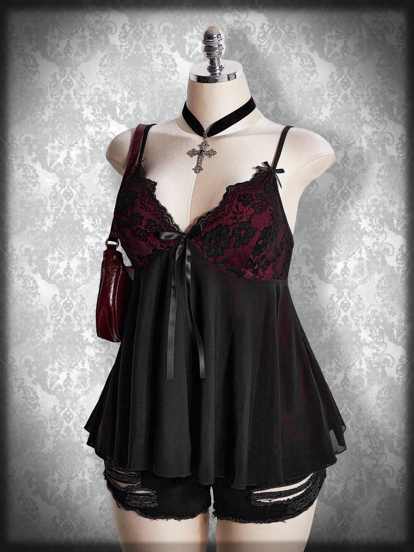 Plus Size Gothic Lace Patchwork Camisole – Black Bow Babydoll Goth Summer Top for Women