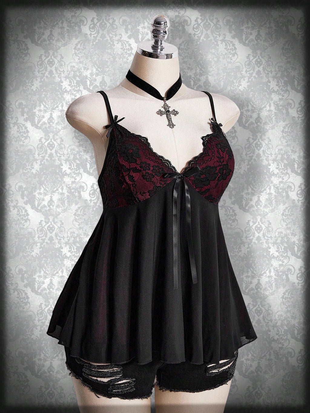 Plus Size Gothic Lace Patchwork Camisole – Black Bow Babydoll Goth Summer Top for Women