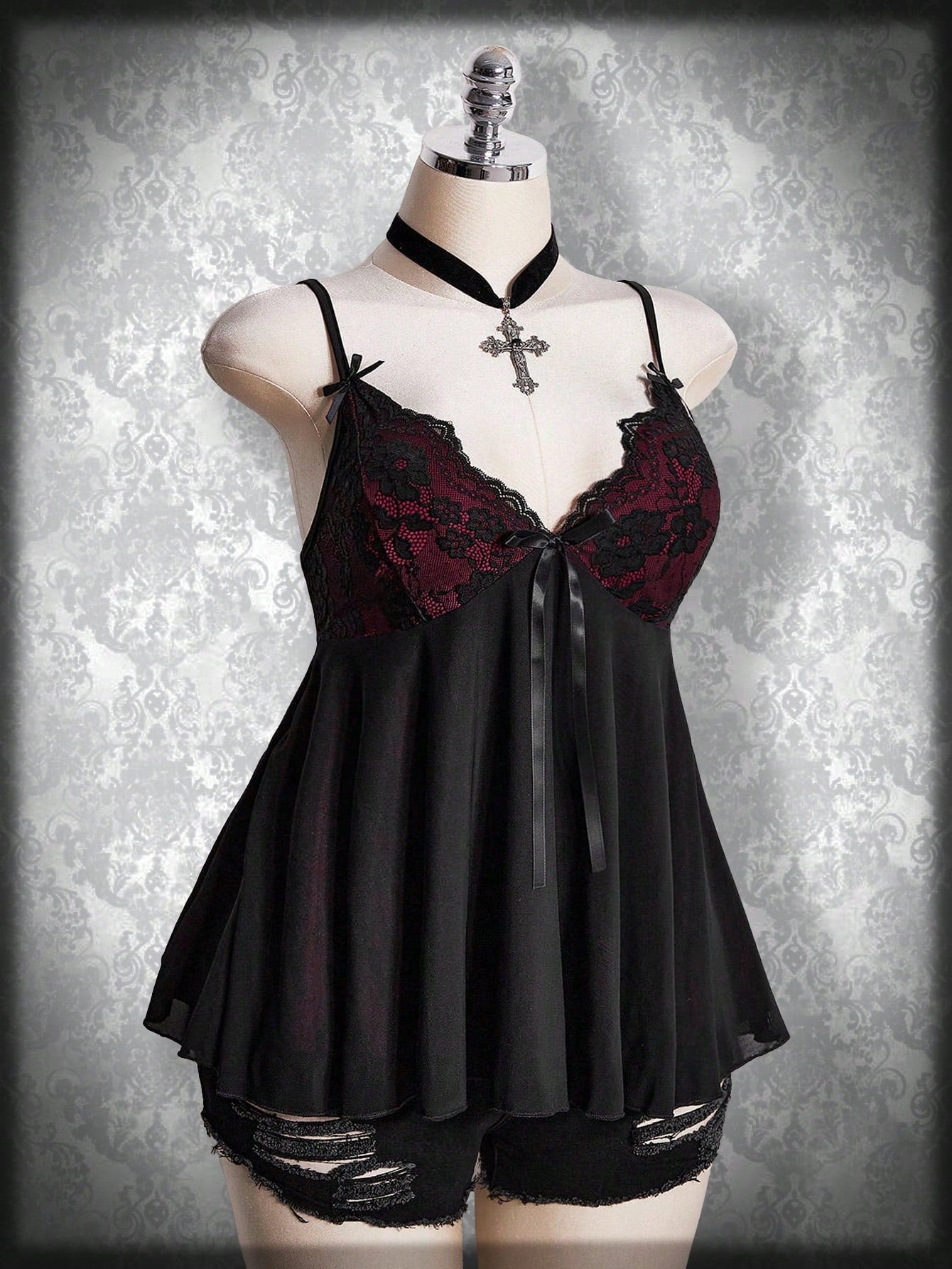 Plus Size Gothic Lace Patchwork Camisole – Black Bow Babydoll Goth Summer Top for Women