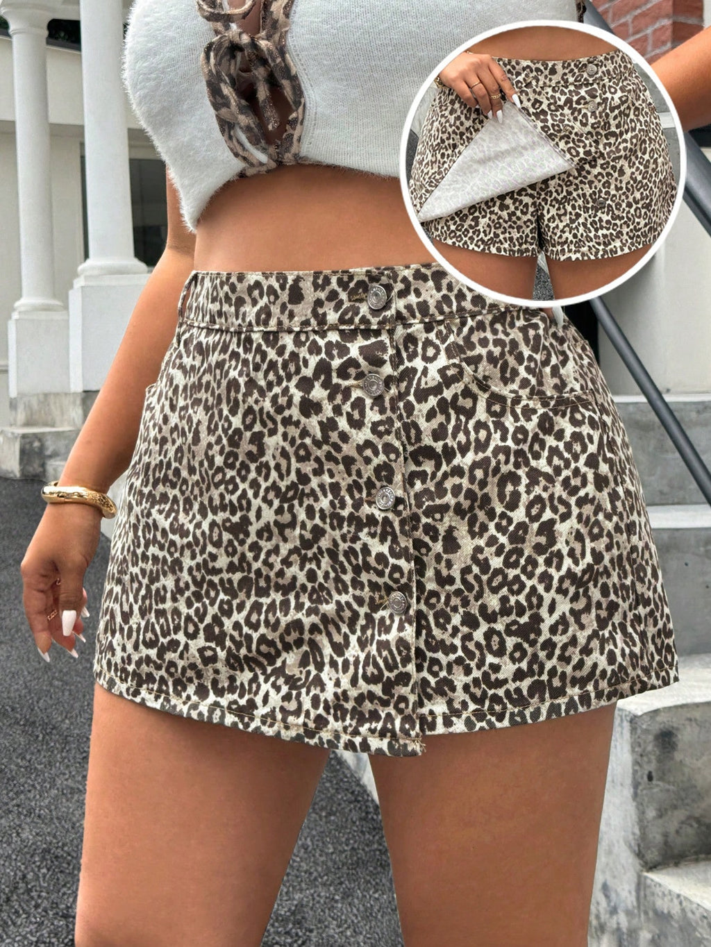 SHEIN ICON Plus Size Leopard Print Denim Skort – Casual Front Panel Y2K Streetwear Mini Skirt Shorts for Women