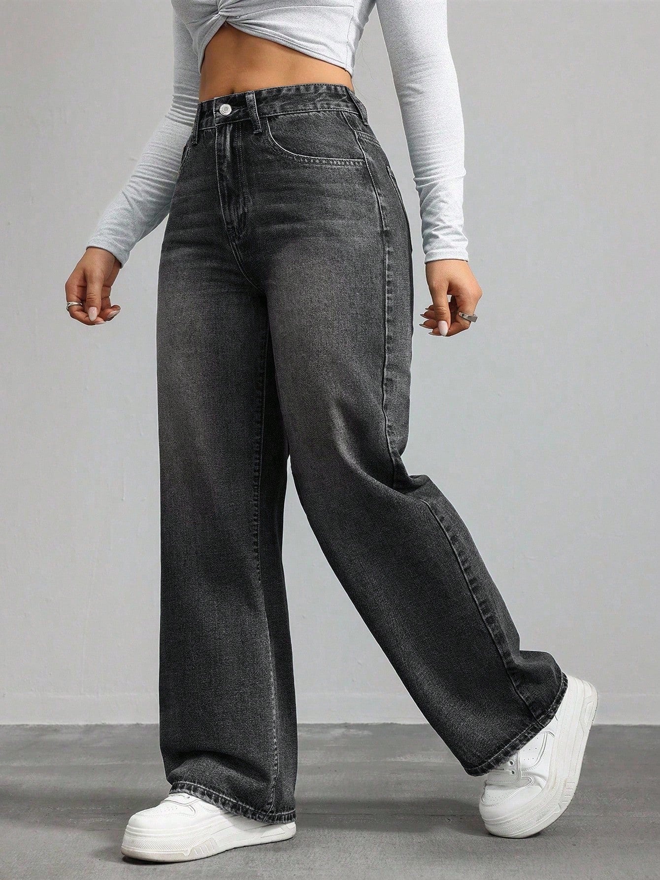 SHEIN ICON Plus Size Retro Wide Leg Denim Pants – Loose Casual Jeans with Pockets for Women
