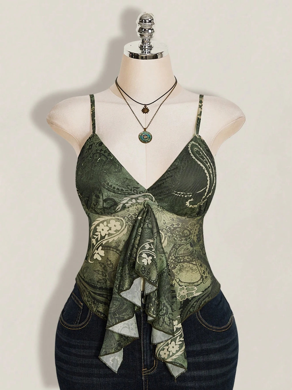 Plus Size Paisley Print Ruffle Trim Camisole – Blue Green Boho Y2K Top for Women