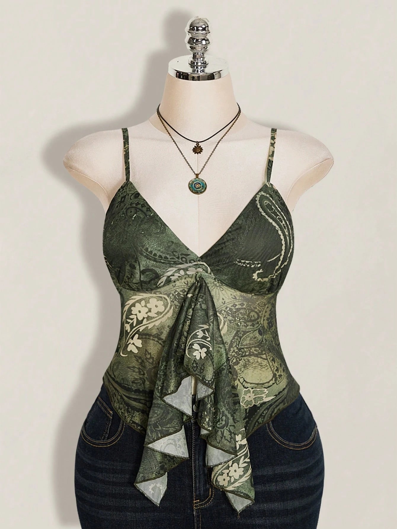 Plus Size Paisley Print Ruffle Trim Camisole – Blue Green Boho Y2K Top for Women