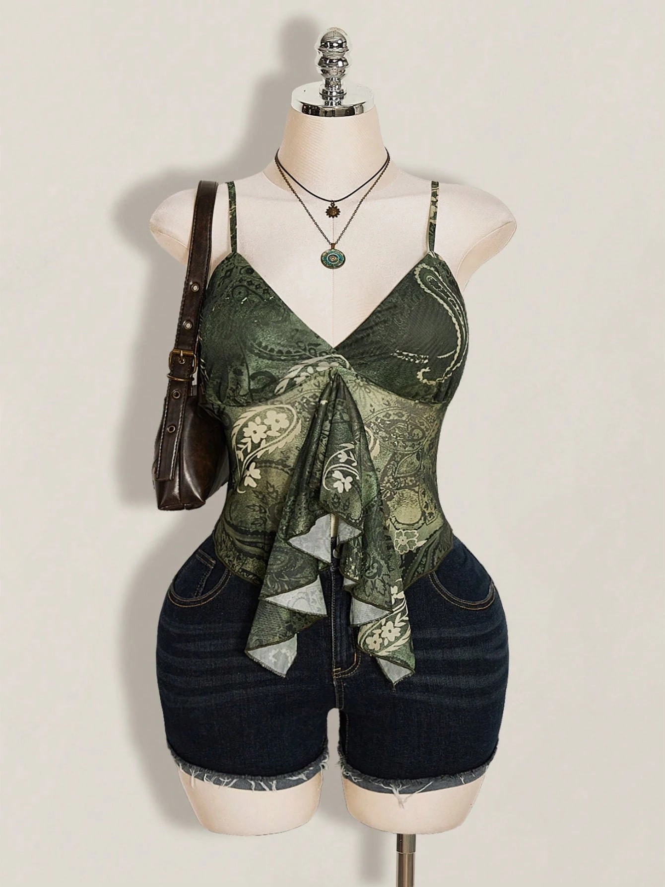 Plus Size Paisley Print Ruffle Trim Camisole – Blue Green Boho Y2K Top for Women