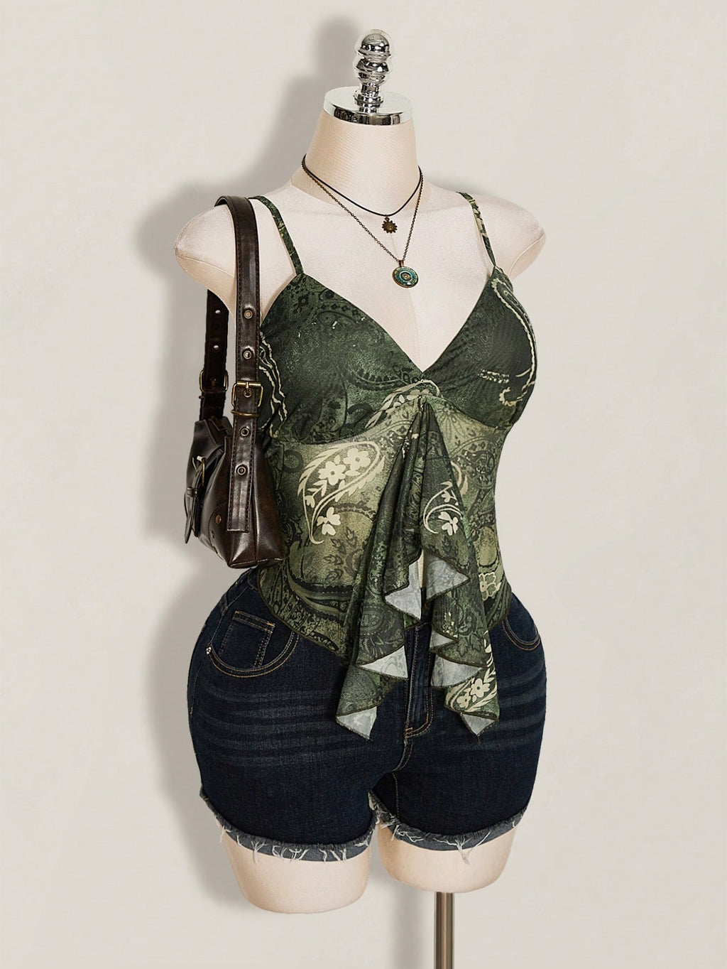 Plus Size Paisley Print Ruffle Trim Camisole – Blue Green Boho Y2K Top for Women