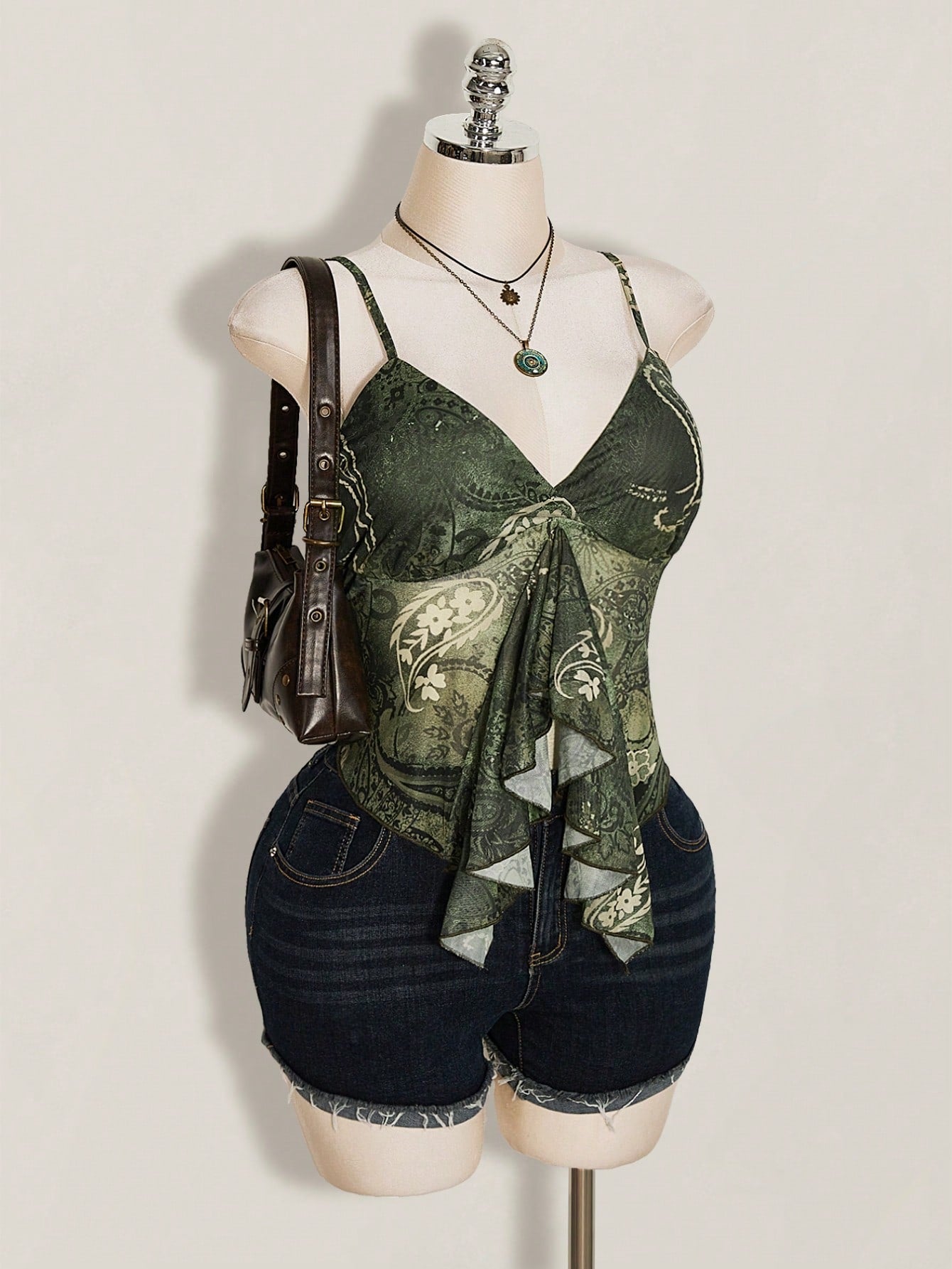 Plus Size Paisley Print Ruffle Trim Camisole – Blue Green Boho Y2K Top for Women