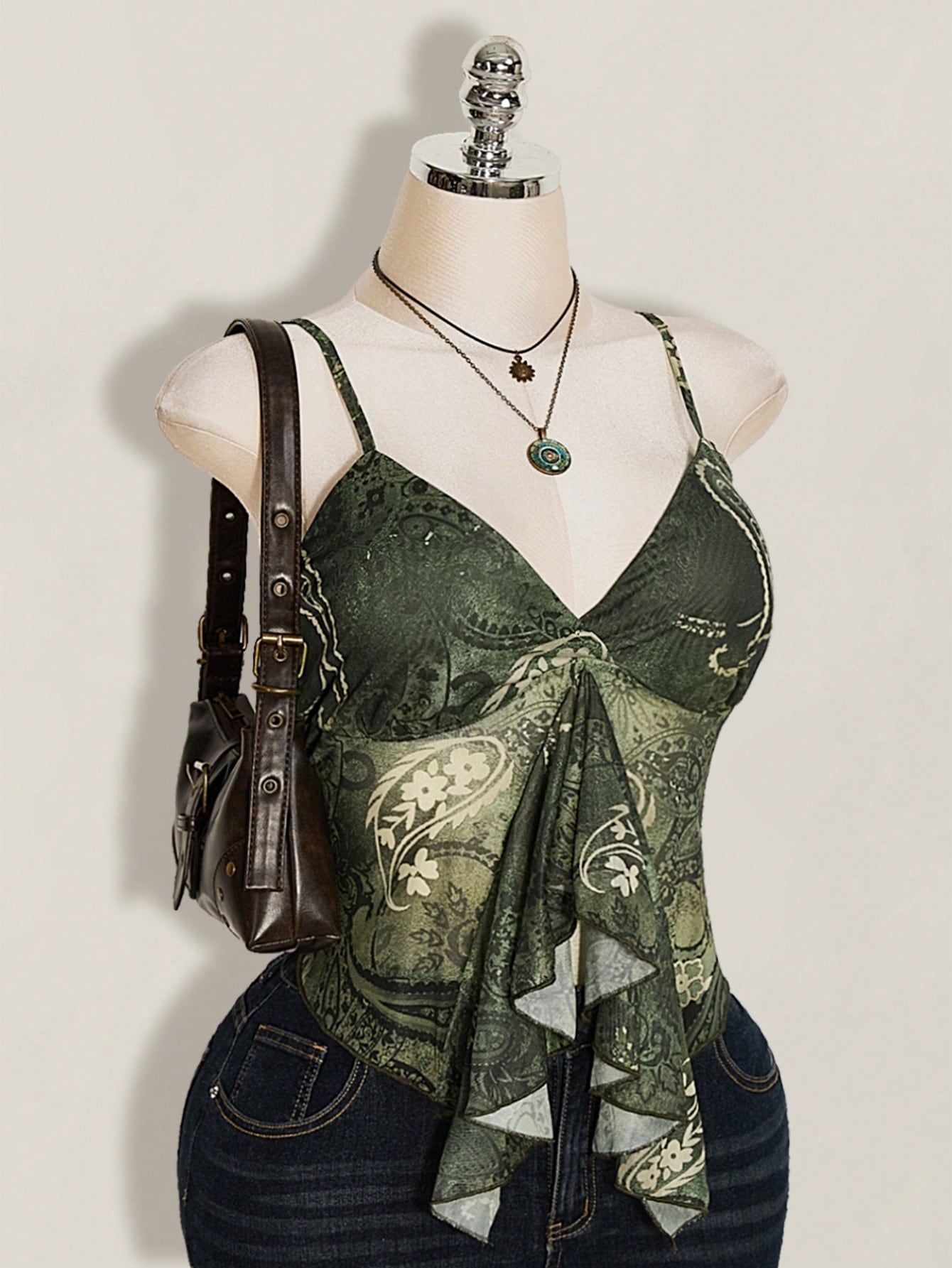 Plus Size Paisley Print Ruffle Trim Camisole – Blue Green Boho Y2K Top for Women