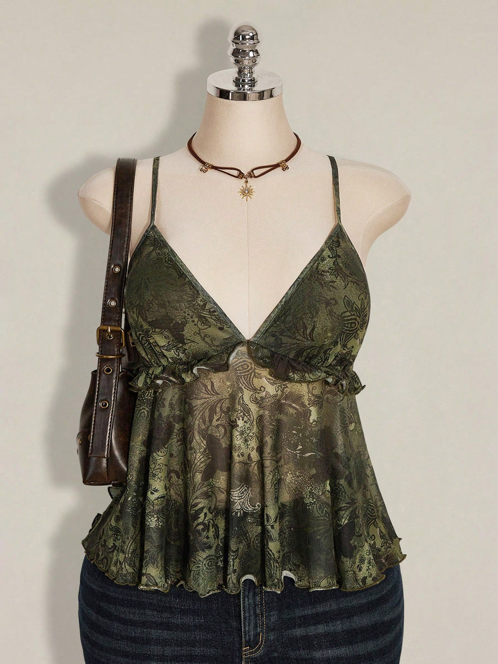 Plus Size Plant Print Ruffle Hem Camisole – Boho Holiday Rave Tank Top for Women