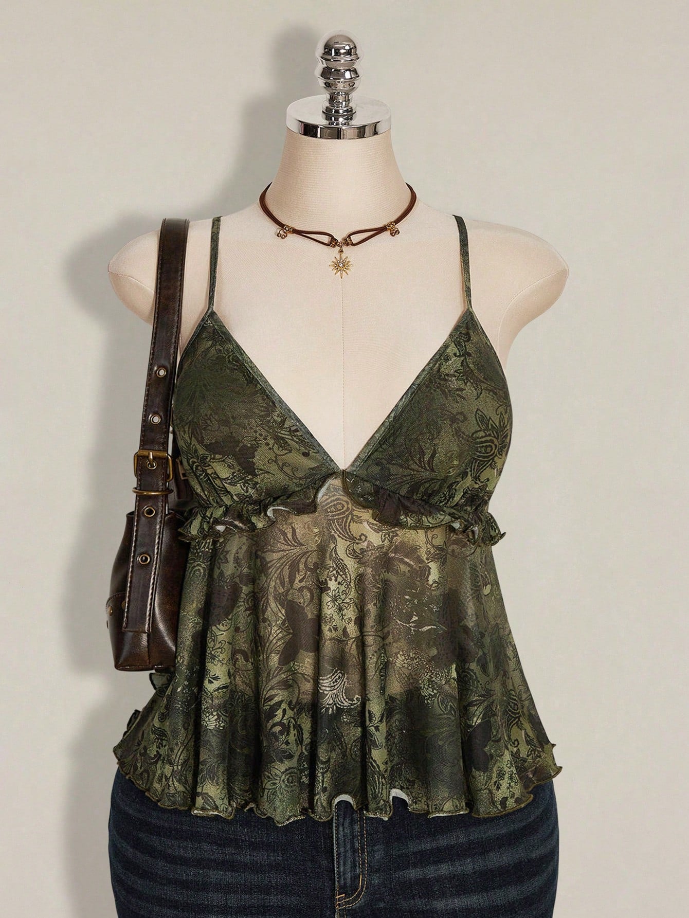 Plus Size Plant Print Ruffle Hem Camisole – Boho Holiday Rave Tank Top for Women