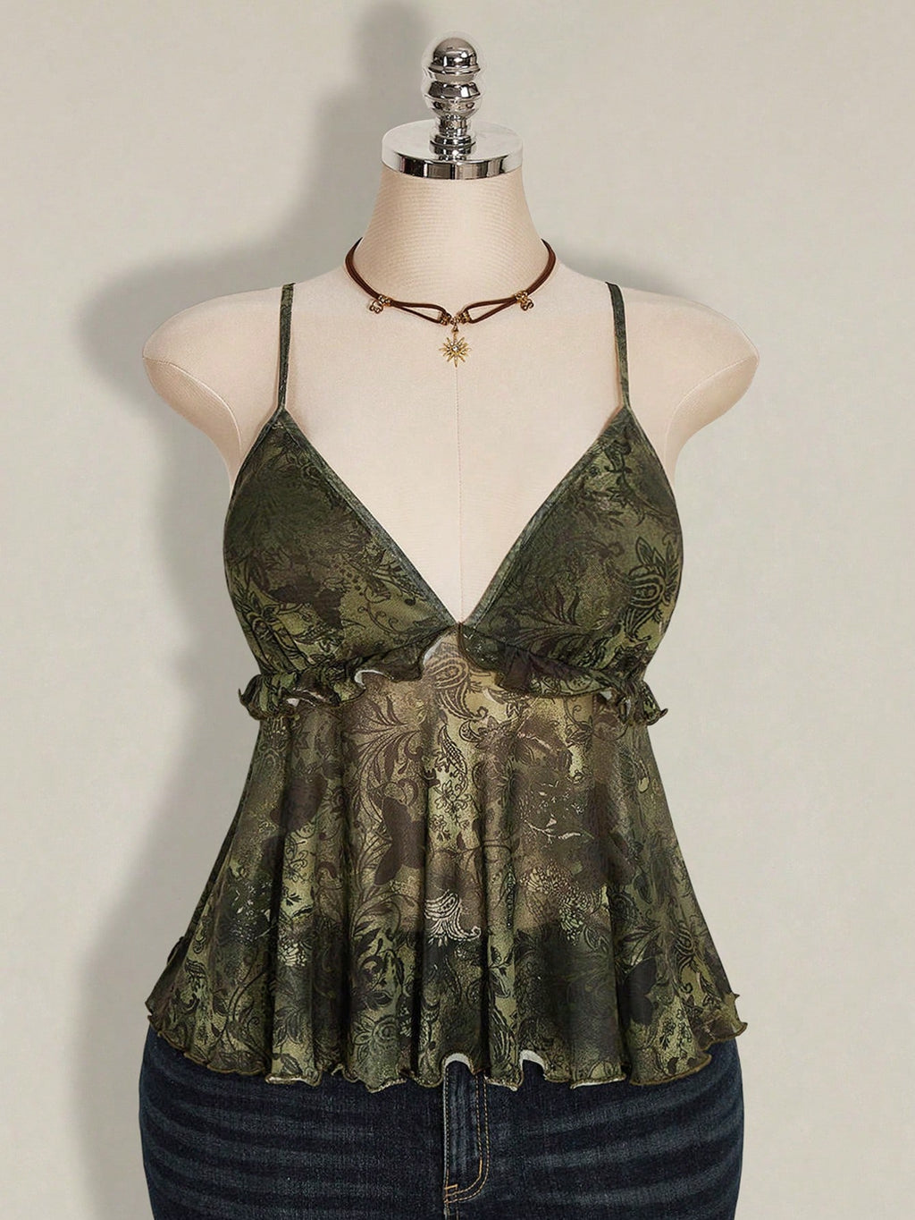 Plus Size Plant Print Ruffle Hem Camisole – Boho Holiday Rave Tank Top for Women