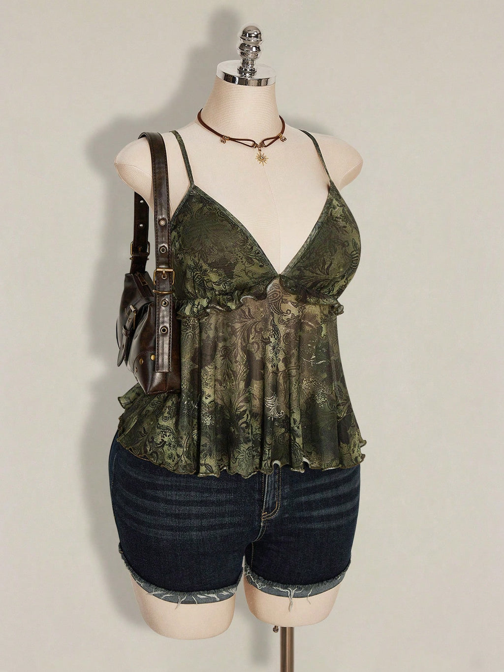 Plus Size Plant Print Ruffle Hem Camisole – Boho Holiday Rave Tank Top for Women