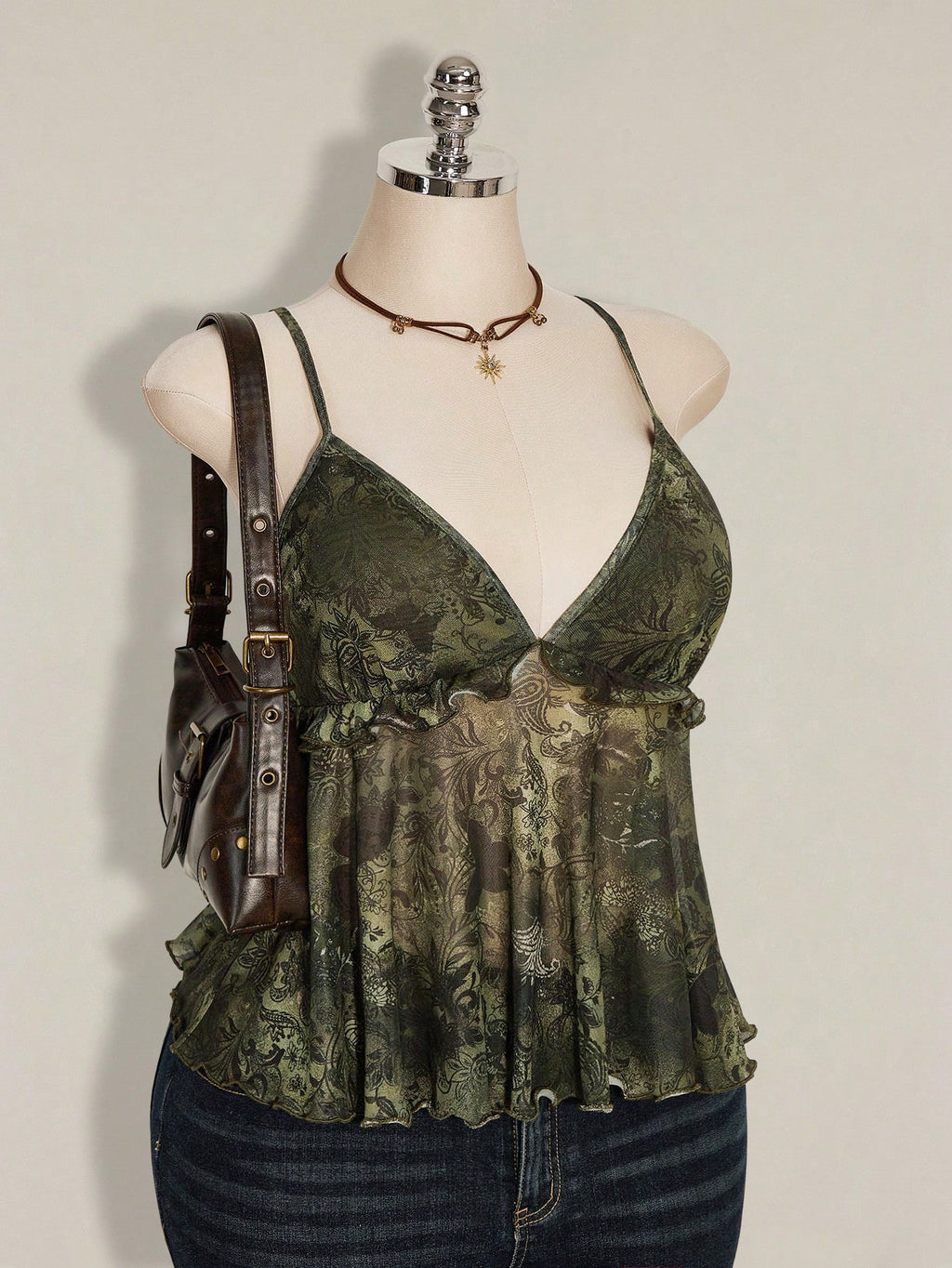 Plus Size Plant Print Ruffle Hem Camisole – Boho Holiday Rave Tank Top for Women