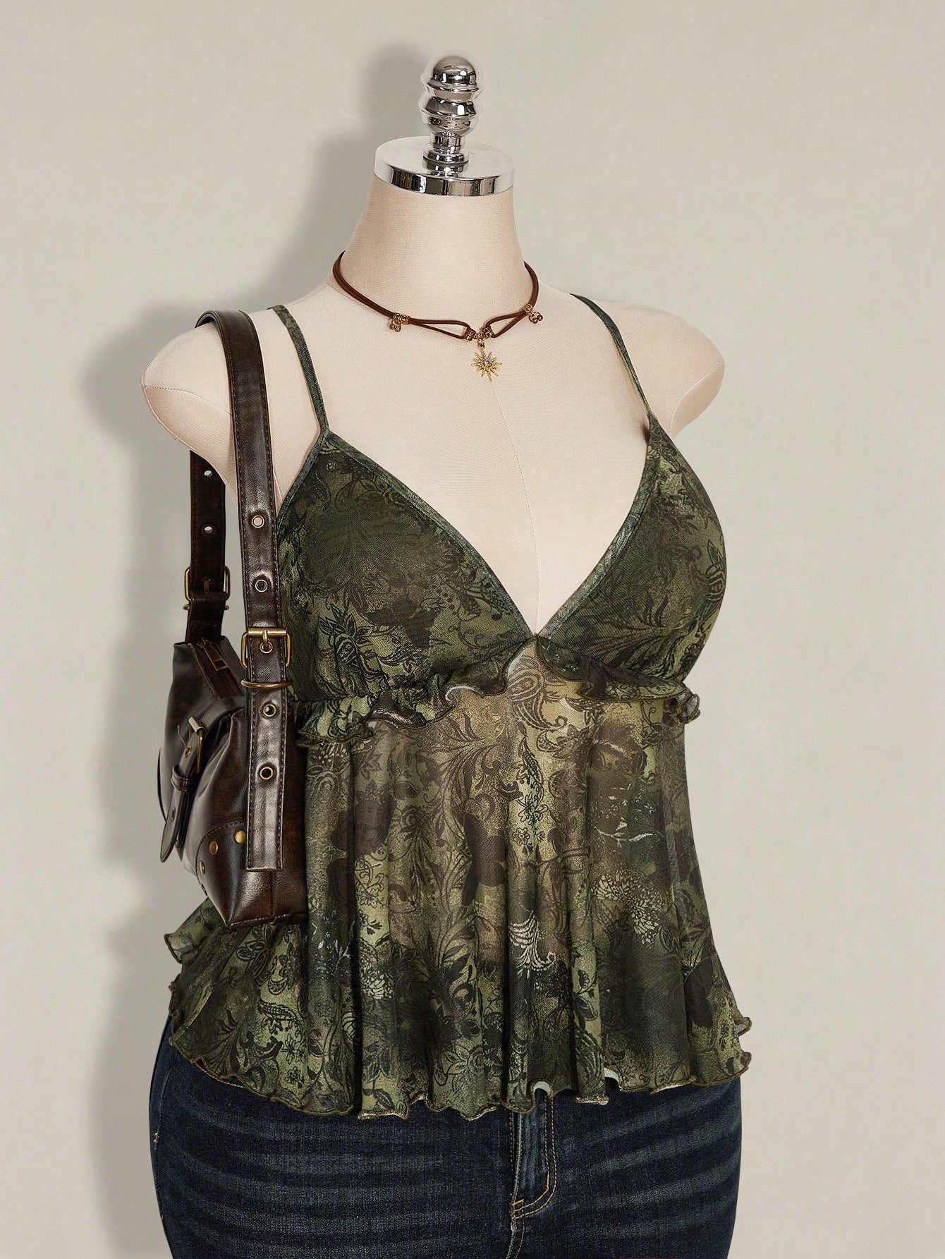 Plus Size Plant Print Ruffle Hem Camisole – Boho Holiday Rave Tank Top for Women