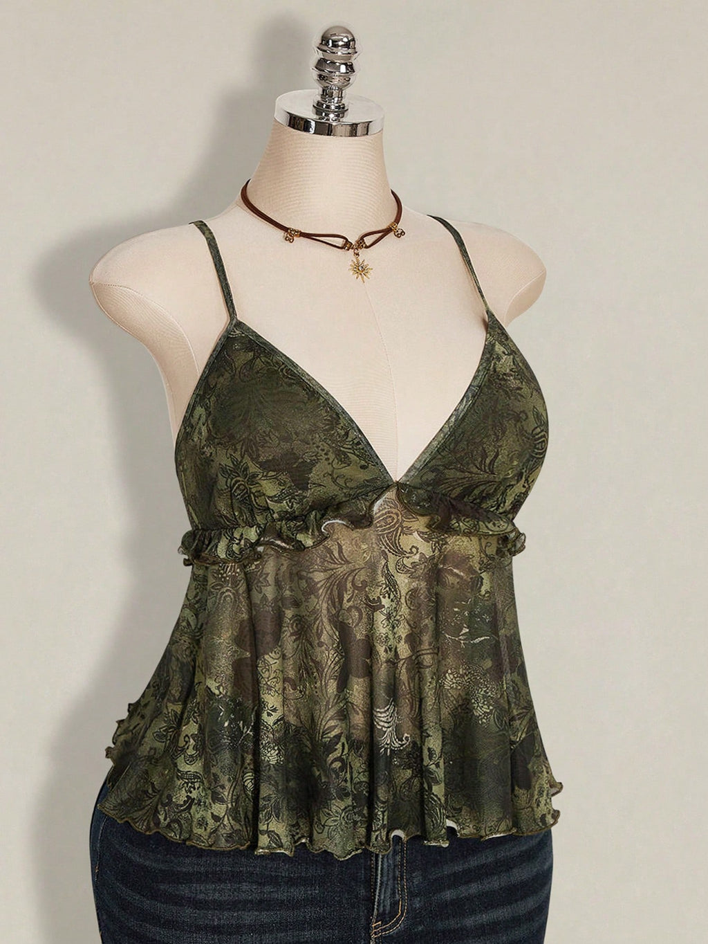 Plus Size Plant Print Ruffle Hem Camisole – Boho Holiday Rave Tank Top for Women
