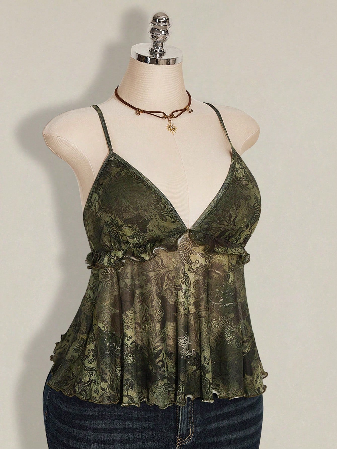 Plus Size Plant Print Ruffle Hem Camisole – Boho Holiday Rave Tank Top for Women