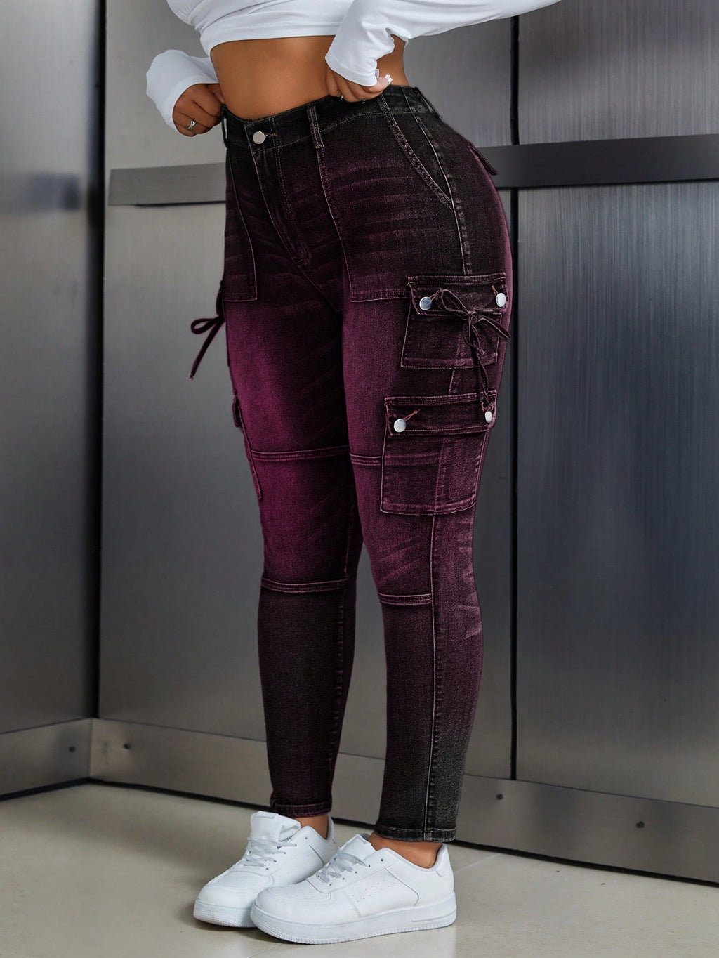 Plus Size Pocket Button Knot Denim Jeans – Casual Versatile High Waist Daily Wear Jeans for Women