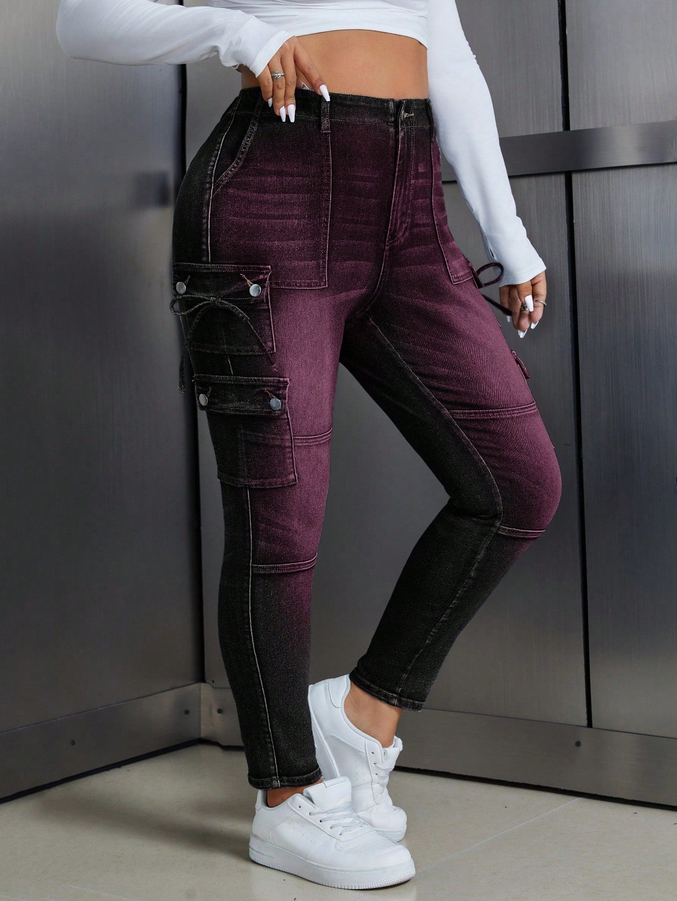Plus Size Pocket Button Knot Denim Jeans – Casual Versatile High Waist Daily Wear Jeans for Women