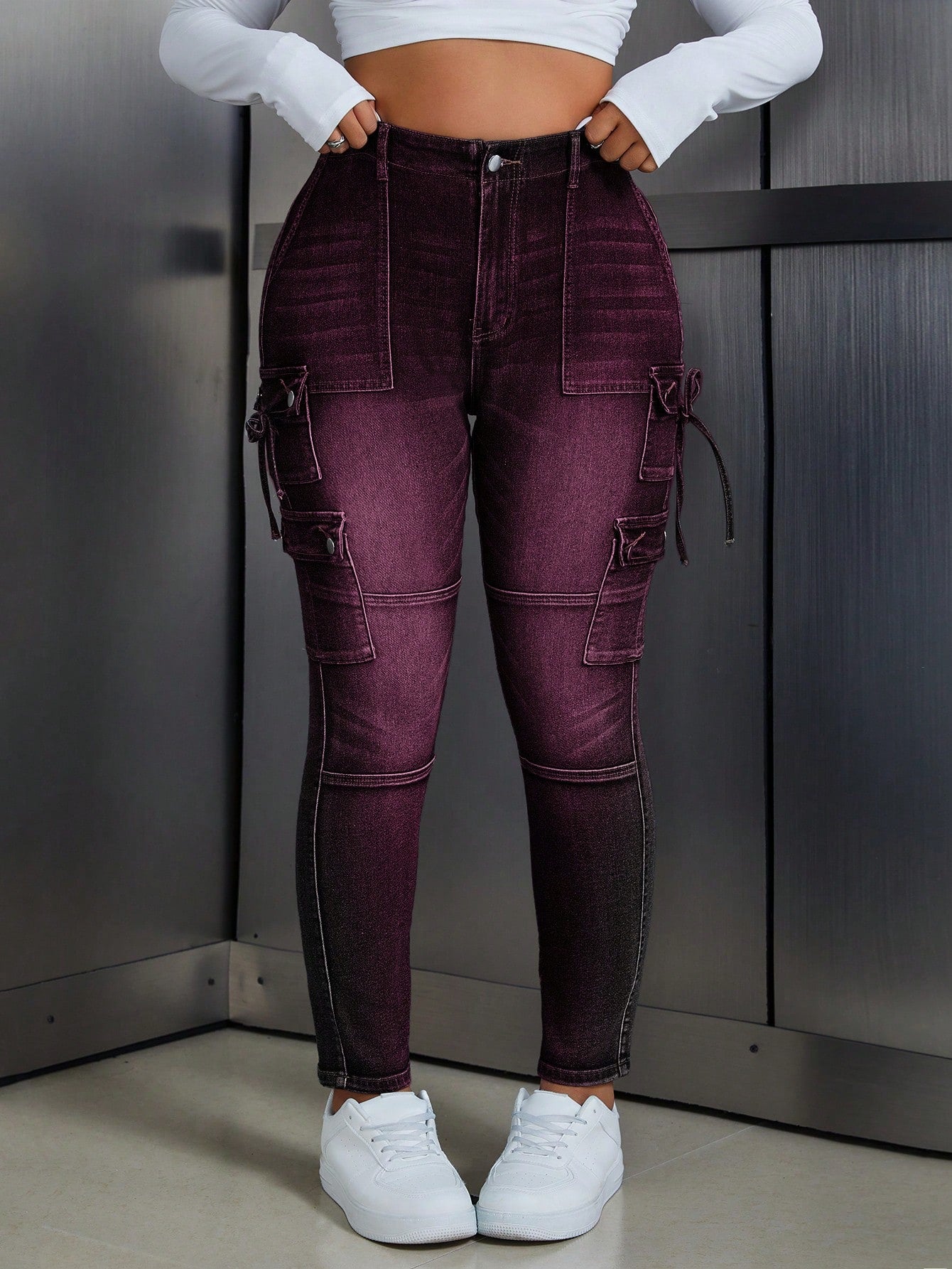 Plus Size Pocket Button Knot Denim Jeans – Casual Versatile High Waist Daily Wear Jeans for Women