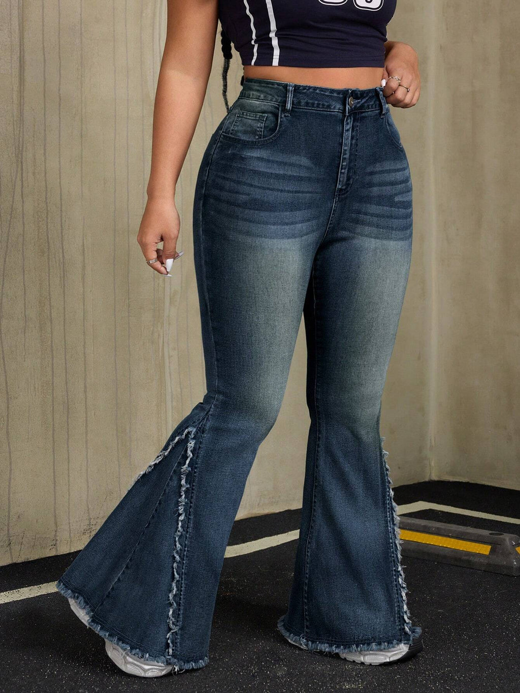 Plus Size Fringe Flare Jeans – Patchwork Pocket Y2K Denim Pants for Women