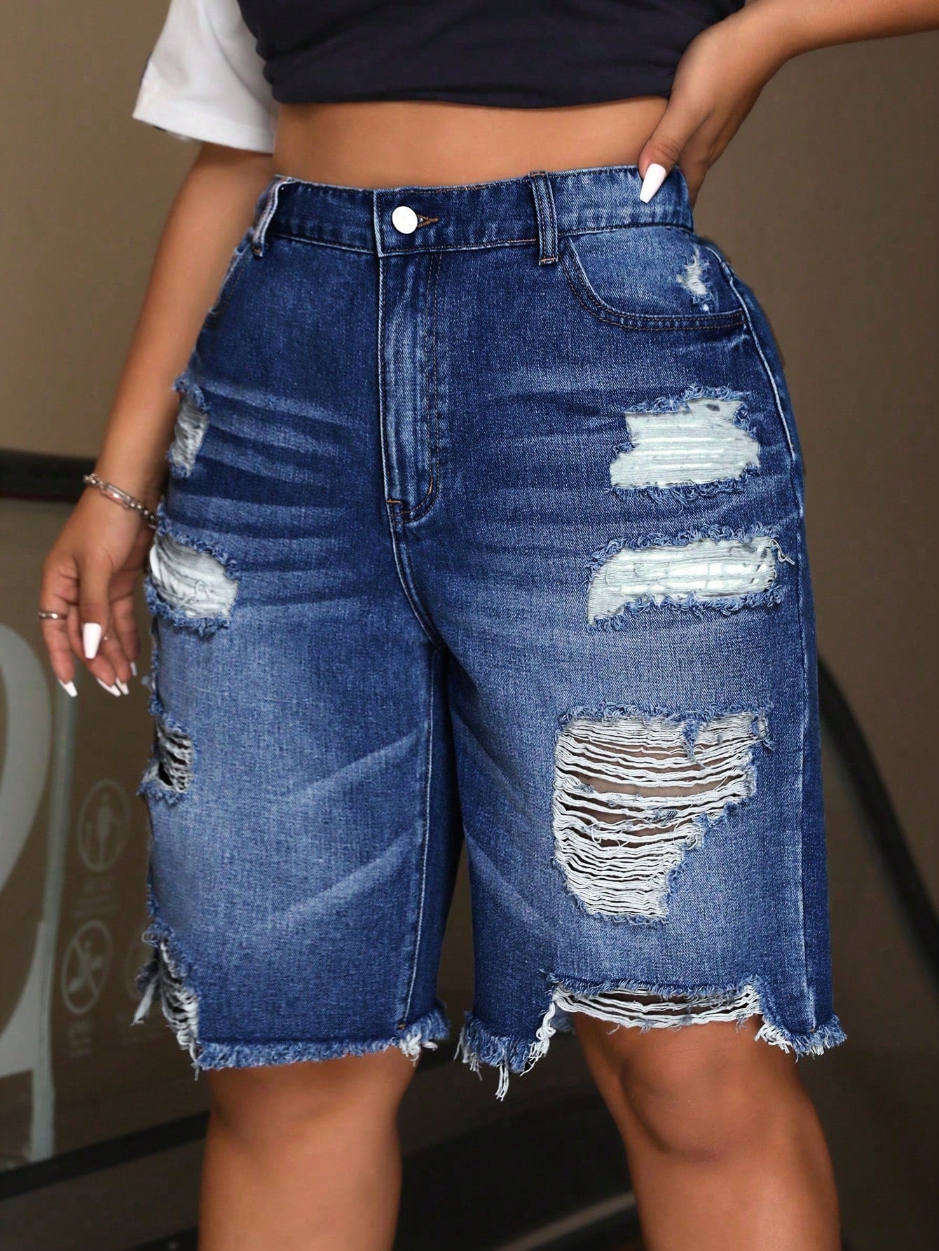 Plus Size Distressed Frayed Hem Denim Shorts – Casual Pocketed Summer Jean Shorts for Women