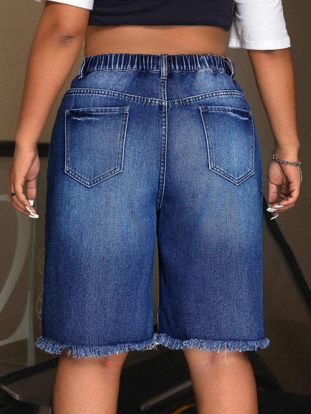 Plus Size Distressed Frayed Hem Denim Shorts – Casual Pocketed Summer Jean Shorts for Women