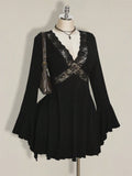 Plus Size Y2K Lace Trim Knit Dress – Elegant V-Neck Flared Sleeve Party Dress for Women
