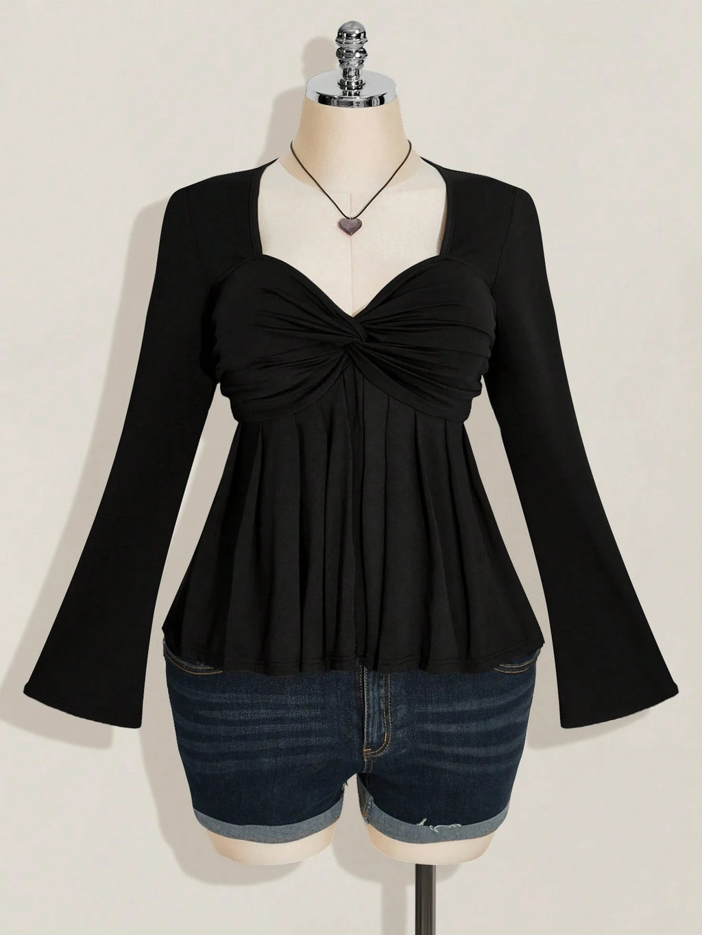 Plus Size Black Twist Front Babydoll Top – Y2K Knit Cute Going Out Top for Women