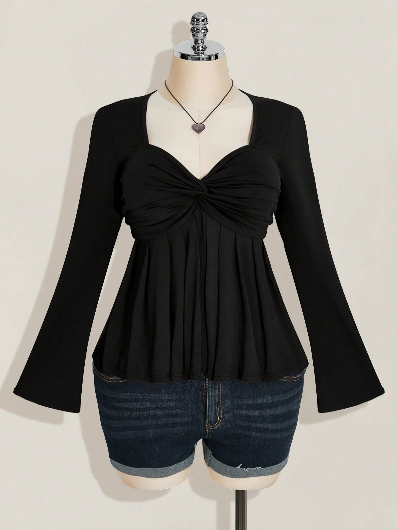 Plus Size Black Twist Front Babydoll Top – Y2K Knit Cute Going Out Top for Women