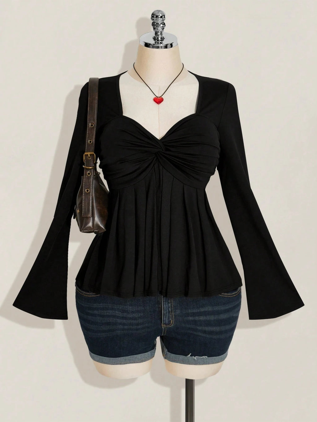 Plus Size Black Twist Front Babydoll Top – Y2K Knit Cute Going Out Top for Women
