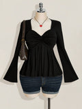 Plus Size Black Twist Front Babydoll Top – Y2K Knit Cute Going Out Top for Women