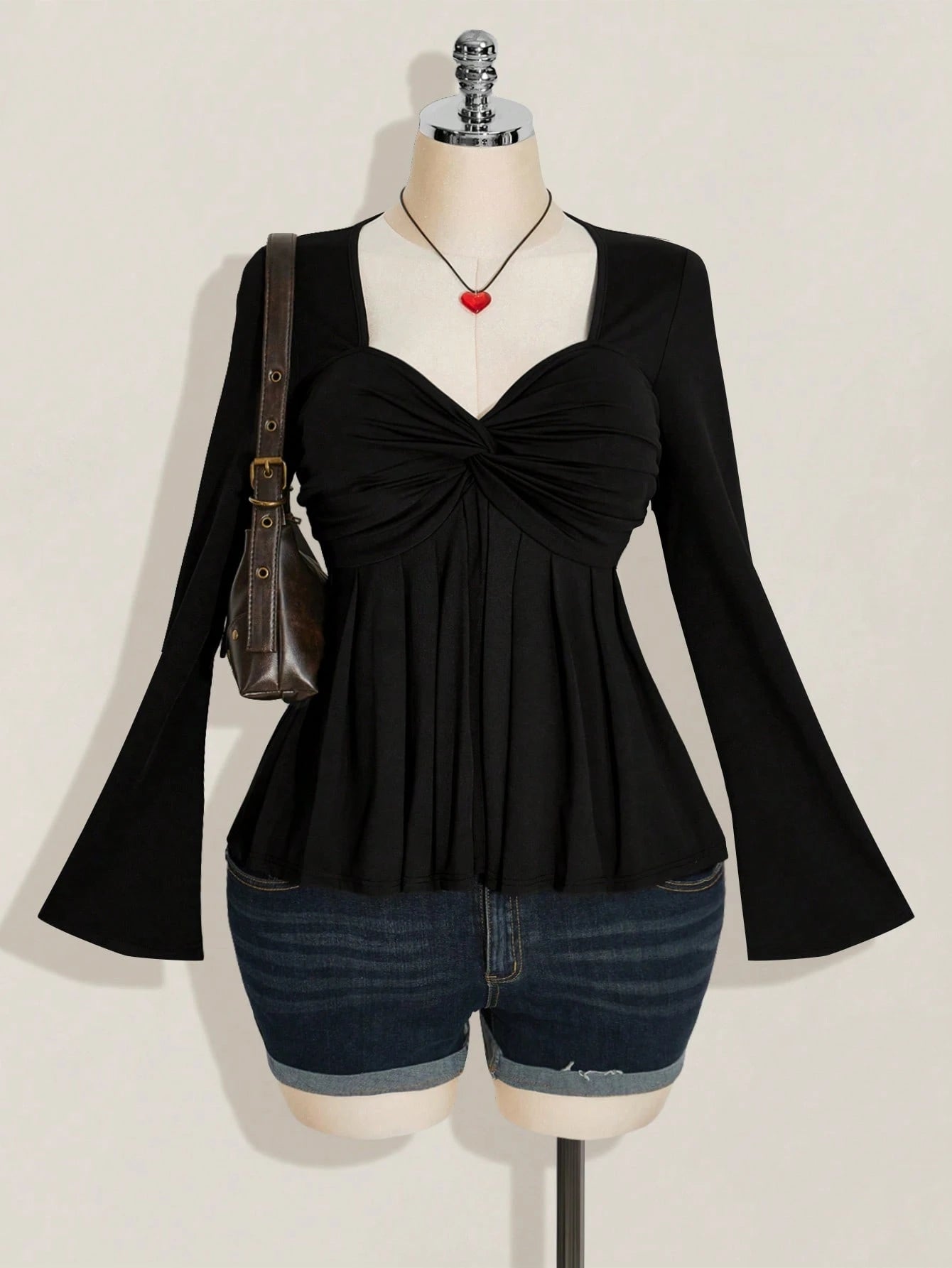Plus Size Black Twist Front Babydoll Top – Y2K Knit Cute Going Out Top for Women